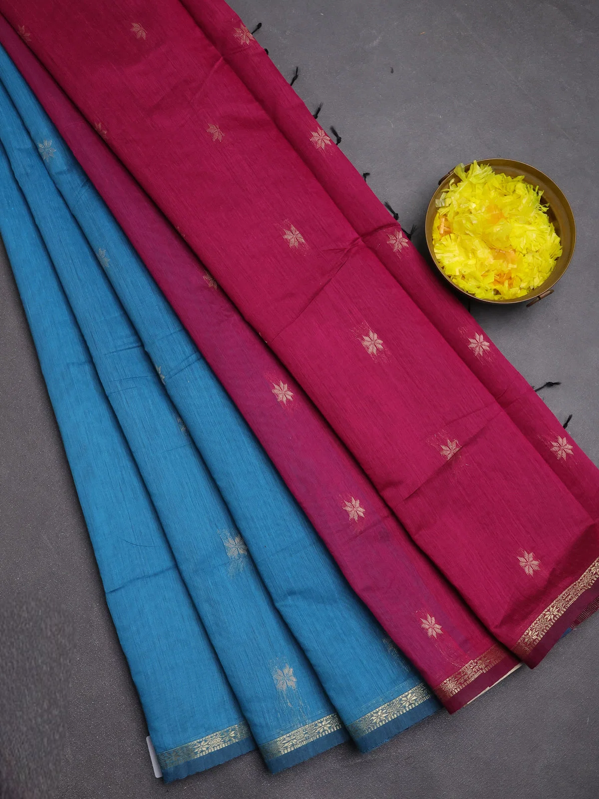 Semi Maheswari Cotton Saree Teal Blue and Magenta Pink